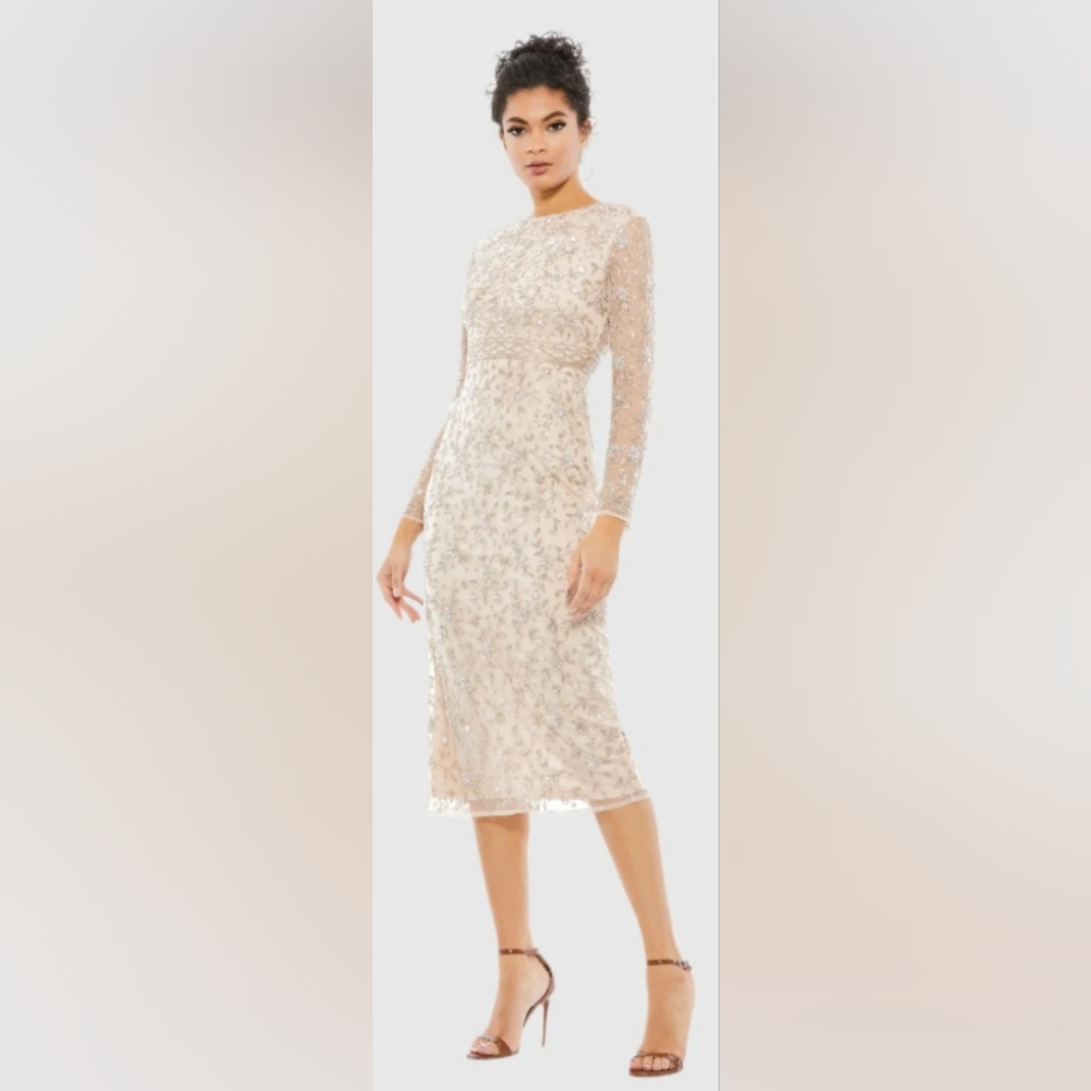 Mac Duggal Beige Beaded Tea Length Dress w/ Sheer Sleeves 10812 Size 2 NWT Midi